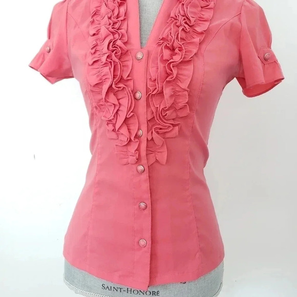 Womens Coral Pink Stretch Button Front Ruffle Flut - Picture 6 of 7
